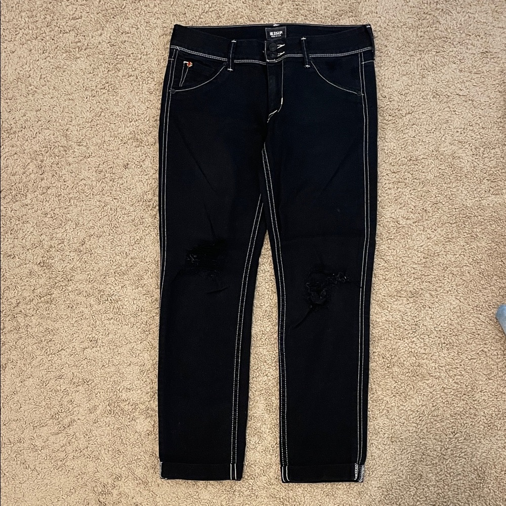 Hudson Collin Crop Skinny Mid-Rise With Cuff Black Jeans White Stitching 27 EC